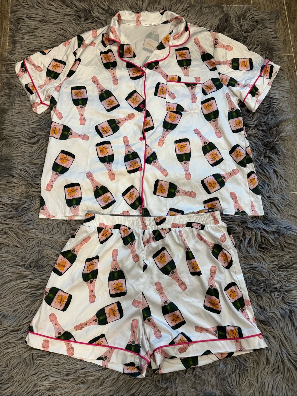 White Champagne Bottle Short Pajama Set with Pink Trim